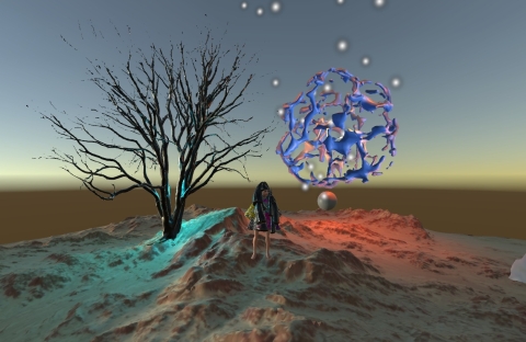 Paisaje digital surrealista en 3D sobre un terreno árido e iluminado por luces cian y naranjas. En el centro, una figura humana pequeña permanece junto a un árbol negro y seco que brilla con bordes azules. A su derecha, flota una estructura abstracta y orgánica de color azul líquido, rodeada de pequeñas esferas de luz blanca bajo un cielo despejado de atardecer.